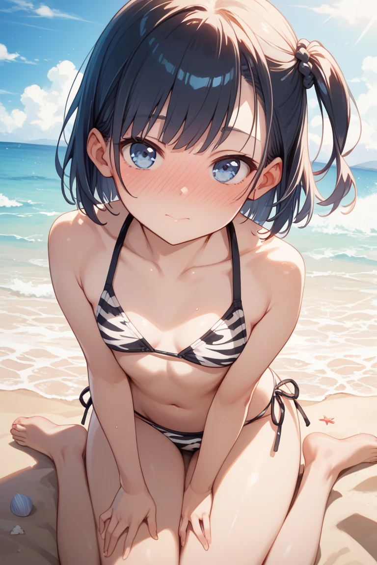 (young girl ,short stature,gyaru)) ,flat chest,((black hair,bangs pinned back,))nsfw,plump,leopard print one-piece-swimsuit,,beach,,stand,