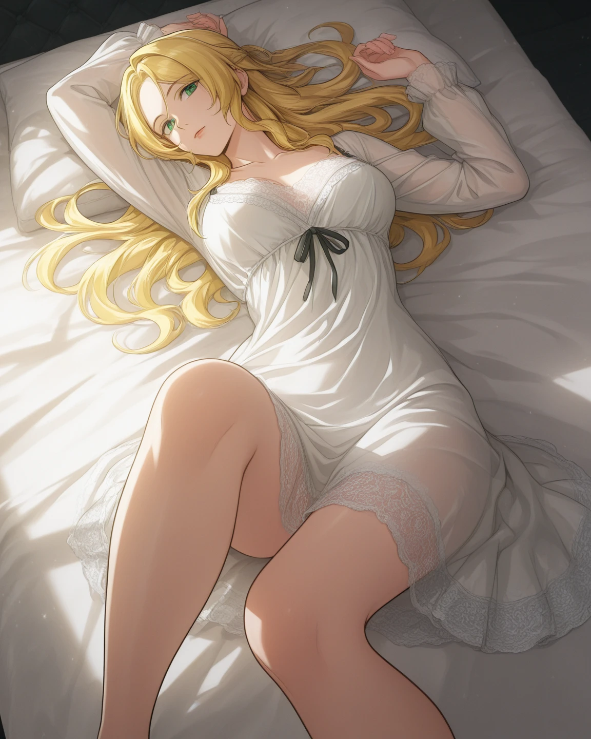 A 23-year-old blonde woman, lying down ((completely semi-nude)) uncovered body, wearing only black sexy lingerie (completely lying on her side) lying down ((large breasts)), ((hyperrealism)), blonde hair with roots. ((blonde hair)), blonde hair, extra long hair, wearing a sexy bra, sexy bra, on a bed, touching herself, sey position, Sensual