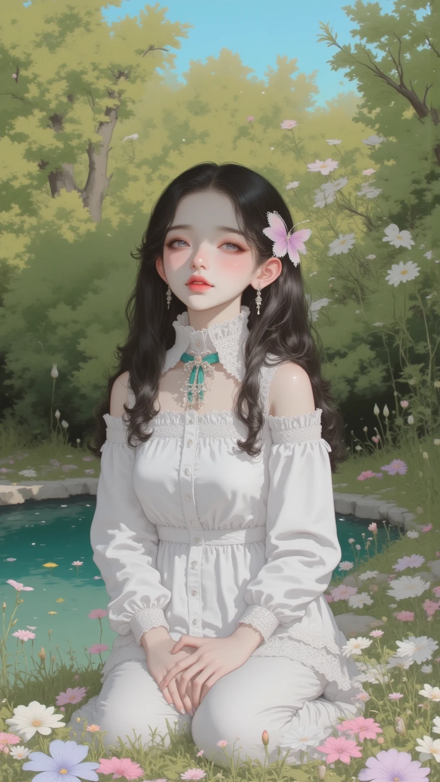 painting of a girl sitting on a rock in a field, mixed media illustration, inspired by Riusuke Fukahori, blurry and dreamy illustration, mixed media style illustration, blurred and dreamy illustration, girl in a dress, inspired by Nara Yoshitomo, sitting in a field, inspired by Miwa Komatsu, sad, girl