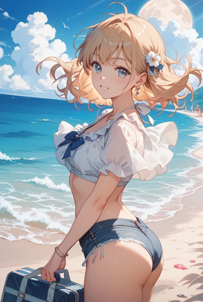 A cute blue bra that is visible through a long white dress shirt、She holds her skirt in her mouth and shows off her cute blue underwear、Bare feet and sandals、Standing posture、Sandy beach, sea, cumulonimbus clouds and blue sky