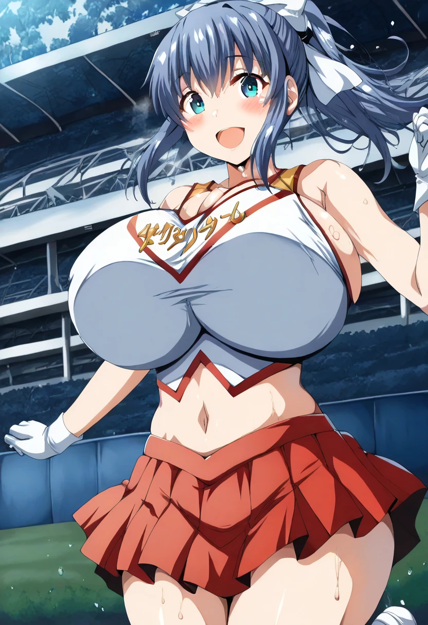 Erotic Anime Illustration、Highest quality、A flirtatious, voluptuous cheerleader、stadium audience seats、Island Breeze、Perfect proportions、Overwhelmingly large breasts、Fatty thick legs、Large areola、Beautiful shining eyes、Cowboy Shot、Be in heat、smile、Shaved、Exposed nipples、Detailed depiction of the vagina、Exposing Vagina、intense sweating、Noise Reduction