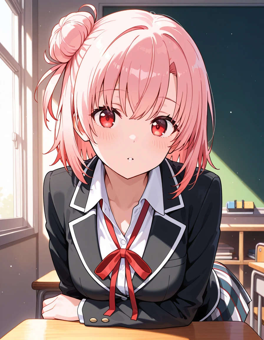nsfw,cherry blossom cream, short hair, ribbon, Green Eyes, hair ribbon, Pink Hair, Ahoge,
skirt, Plaid, Plaid skirt, shirt, white shirt, collared shirt, Jacket, Long sleeve, Captivating smile,masterpiece,Noise Reduction,Perfect Anatomy,High resolution, Very detailed,Game CG,Dutch Angle ,Beautiful attention to detail,Visual Arts,
Cowboy Shot、(White panties)、(from below),(,arms behind back,)、Sit on a chair、Spread your legs、