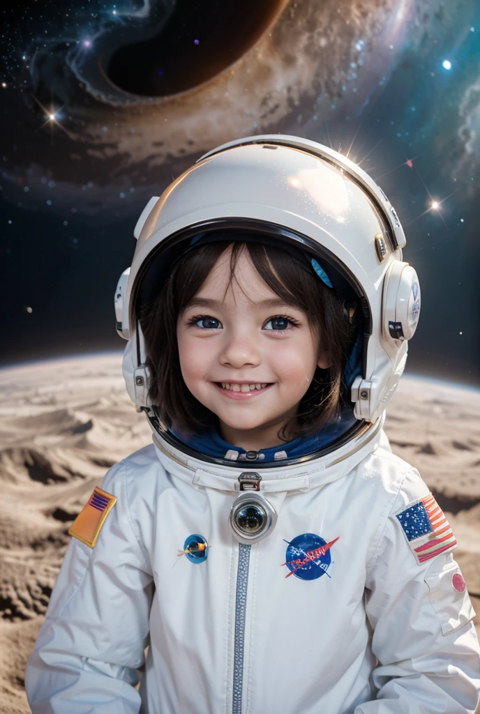 a cute little girl with a round cherubic face, blue eyes, and short wavy light brown hair smiles as she floats in space with stars all around her. she is an astronaut, wearing a space suit. beautiful cartoon painting,abstract world, fantasy,abstract dream, space, intricate, grand scale, alone, cinematic film still, insane detail, sharp focus, depth of field, realistic lighting, (realistic perspective), complex, (multiple subjects), 4k HDR,<lora:add_detail:0.5> <lora:more_details:0.25> <lora:FantasyWorldV1:0.25>