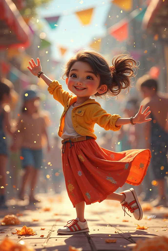 Girl energetically dancing with joy.