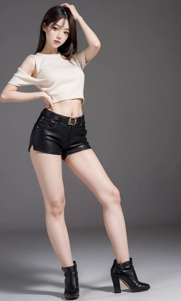 best quality, masterpiece, high resolution, 8k, (actual: 1.4), Ultra high resolution, 1 girl, Super detailed, surreal, Highly detailed CG illustrations, official art, movie lighting, Reality, beautiful young girl, Perfect body, Perfect body, full view, Perfect body, (start from below: 1.3), mask, posture, Sexy long legs, confident, Beautiful and sexy, gray short sleeves, open belly, Black super leather shorts, S-shaped body, Buttocks upturned, hypothesis, 摆posture, Different perspectives,red sole high heels