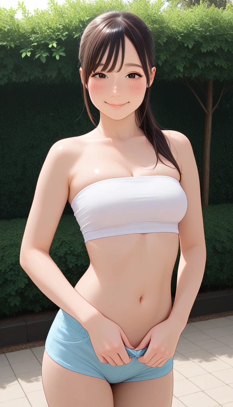 （Top image quality、8ｋ、​masterpiece:1.3）、Basketball court、细致背景、(Woman in Shorts)、(Woman with naked upper body)、Smaller chest、Active Pose、Perfect shorts、A big smile、(((fullnude)))、(((Exposed buttocks through shorts)))、Focus on the chest