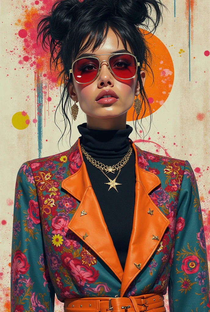in style of Alex Howitt,in style of Santiago Caruso,
A Saudi Arabian woman, black hair, brown eyes, light brown tan skin, clad in vibrant 1980's fashion, stands against a backdrop dripping with retro aesthetic. Her outfit exudes bold colors and patterns typical of the era, while her accessories, from oversized sunglasses to chunky jewelry, scream vintage glamour. The image, perhaps a photograph, captures her in a pose that exudes confidence and style. Every detail, from the teased hair to the shoulder pads, is meticulously rendered, inviting the viewer to immerse themselves in the nostalgic allure of the bygone decade.