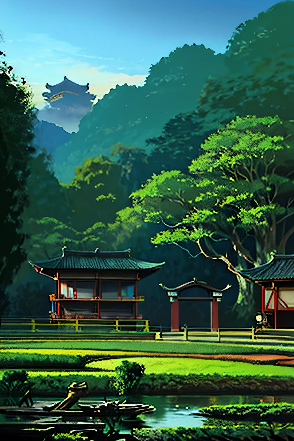 Japanese style garden　The sky is cloudy　There is a pond in the foreground　There is a small Japanese tea room in the back
