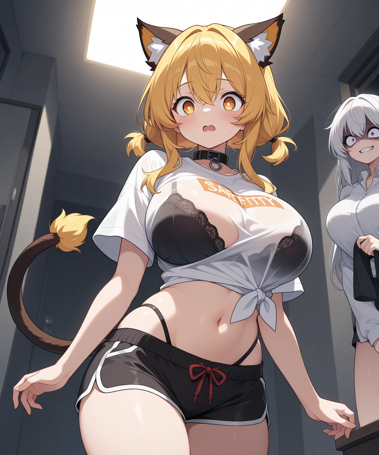 1 solo female gazed (blindfolded), animal tiger ears, animal tiger hands, animal tiger print, bell, bikini, breasts, choker, claws, cleavage, collar, full body, gloves, large breasts, pink lips, long hair, looking at viewer, navel, neck bell, on bed, tiger paw gloves, tail, thigh highs, tiger ears, tiger print, tiger tail, white long hair, sitting on bed bedroom background