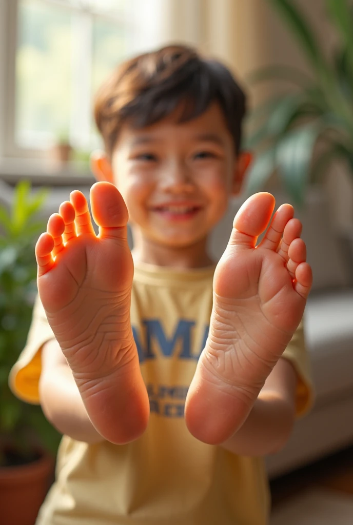 There is a handsome boy named Zarul tangan,legs with black socks tied to a chair and eyes covered with a cloth The kidnapper held Zarul's feet with his hands and tickled Zarul's soles with chicken feathers and he laughed with amusement