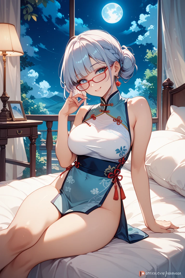 8k, masterpiece, best quality, highly detailed, 1 girl, tiefling, warlock, multicolored hair, very short straight hair green highlight hair on white hair, strippled hair, wearing glasses, round glasses, earrings, red eyeshadow, long eyelashes,navel piercing, blushed cheek, necklace, collarbone, mole, glamorous, purple and teal clothing, villainy, smirk, seductive face, close up view, rings, looking at viewer, demon horns, solo, chinese dress, ballroom, palace, blue pale moon, sitting,