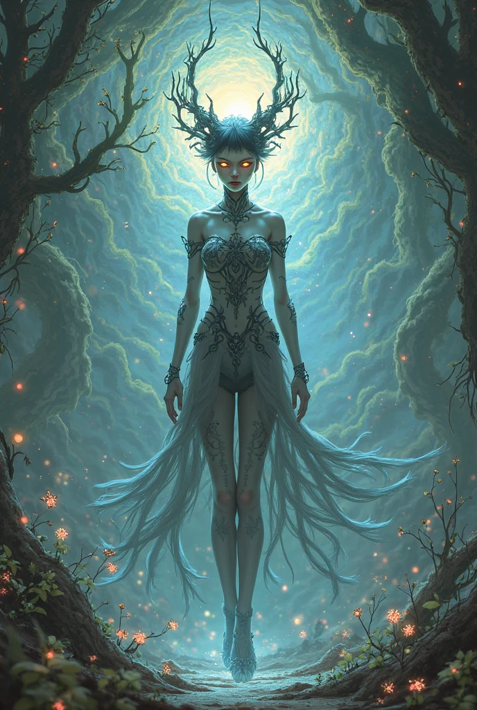 Dressed ((fur)) female alien, anthropomorphic avatar, three eyes, an eye in the middle of the forehead, cat ears, pointed beak, slender fingers, green flashing in the eyes, two hands, looking fierce, with a huge banyan tree, glittering, glowing plants in the background