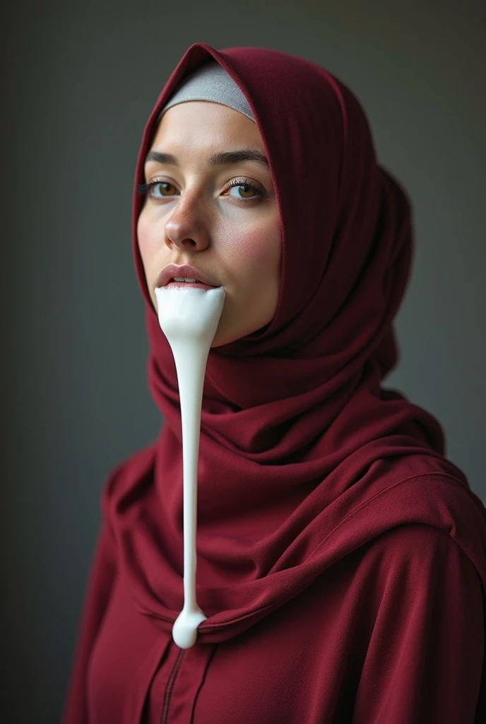 Malay hijab girl try to fit a big sausage in her Throat while being drenched in white fluid all over her face and big chest 