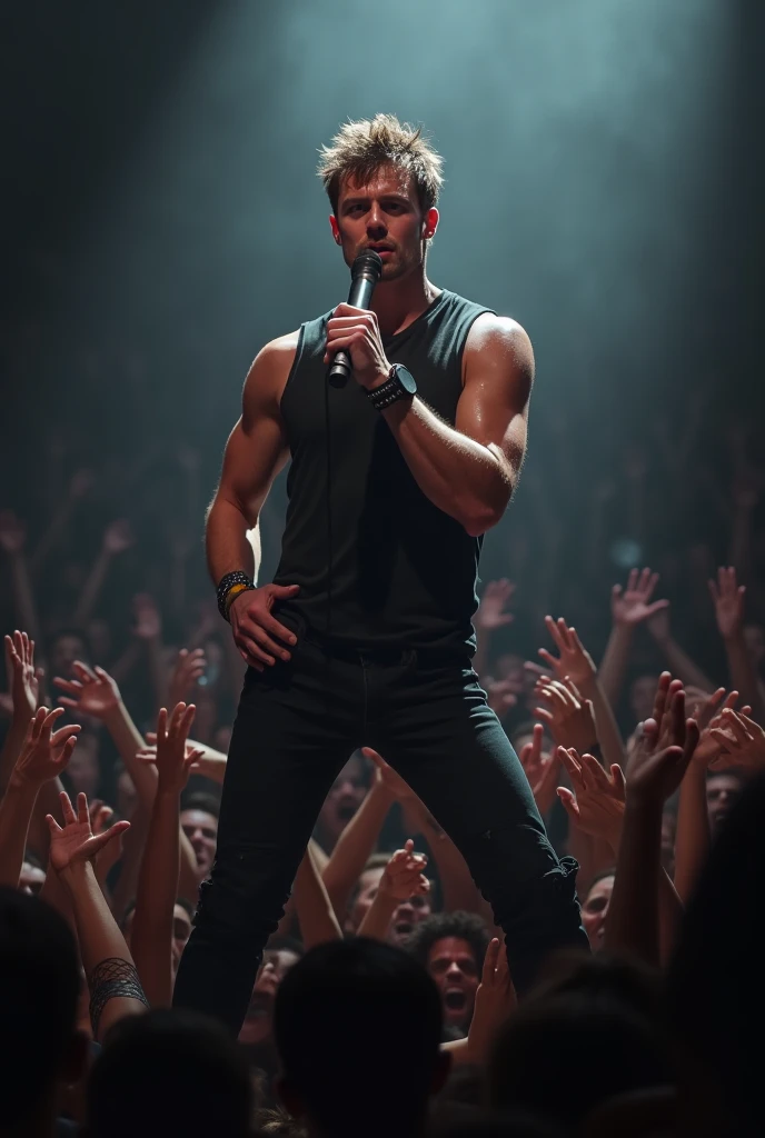 A young handsome beautiful slim shirtless white skin singer with microphone in hand black leather pants in a big realistic dragon costume behind with playful eyes