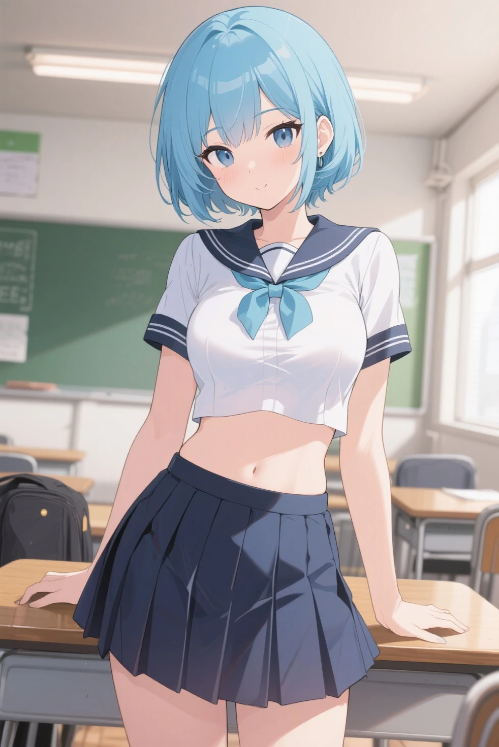 (masterpiece、Highly detailed 8k CG、Sharp lines)、hi-school girl、blue hairs、cute little、serafuku、White underwear and skirt、skirt rift、panties on、thighs thighs thighs thighs、Sexy poses showing anime style、Beautiful Anime Schoolgirl、A seductive anime girl、smooth anime cg art、Beautiful anime schoolgirl、beautiful anime girl、(I closed one eye、put index finger on mouth:1.2)、a sailor suit、Pleated miniskirt、Curve、No bra、(Lifting skirt、I can see her:1.2)、thighs thighs thighs thighs、(Navel Ejection:0.4)、Dynamic Pose Beautiful and perfect legs, Clean and perfect hands、Straight shorthair、One eye is hidden by the bangs