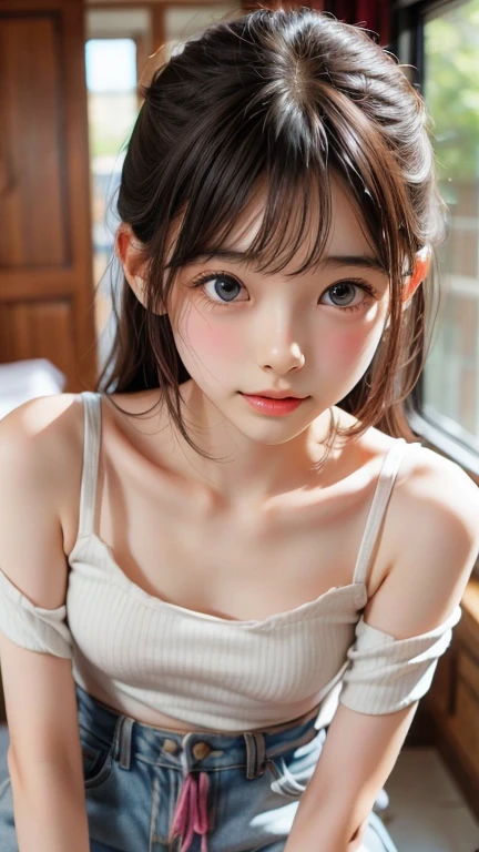 ((sfw: 1.4)), Ultra High Resolution, (Realistic: 1.4), RAW Photo, Best Quality, (Photorealistic), Focus, Soft Light, ((15 years old)), ((Japanese)), (Front, Young Face))), (Depth of Field), (One Piece), Masterpiece, (Photoreal), Woman, Bangs, (( off-the-shoulder top, Bedroom, 1 Girl))