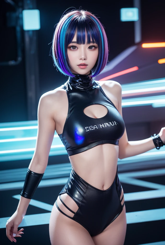 (Very detailed CG ユニティ 8k 壁紙), (Very detailed), masterpiece, Highest quality, Lucy (cyber punk), 20 year old girl,Alone,(pole dance),dancer,((ポールdancer)),Dancing on stage,Dancing on the stage,ポールに絡みつくdancer,Bodysuits, chest, cyber punk city, Multicolored Hair, short hair, View your viewers, medium chest, black Bodysuits, Grey Eyes, Hip vents, Clothing cutouts, Thigh Gap, Covered navel, White jacket, Exposing shoulders, Short shorts, sofa,