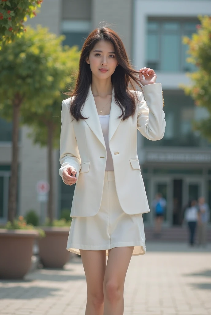 1 Japanese woman, (Masterpiece: 1.3), high resolution, ultra-definition, high-definition CG Unity 8K wallpaper, real, photoreal, raw photo, beautifully detailed face, realistic glowing skin, fine cloth texture, detailed hair texture, perfect style, beautiful face, accurate, anatomically correct, highly detailed face and skin texture, fine eyes, brown eyes, double eyelids, shiny skin, (fair skin: 1.2) , shiny necklace and earrings, (shiny lips: 1.4)) pretty girl: 1.3), (updo, wavy hair), (seductive smile: 1.2, blush), (wearing an elegant beige suit: 1.3), Big breasts, (blue lace panties: 1.2), (Cityscape: 1.2), Downtown, Full body shot, Skirt pulled up, Full body shot, (Bank teller, beige skirt, Ribbon, Short sleeves, White shirt, beige Skirt ,beige Best: 1.1), (Button spacing: 1.3), (From bottom: 1.9), underneath