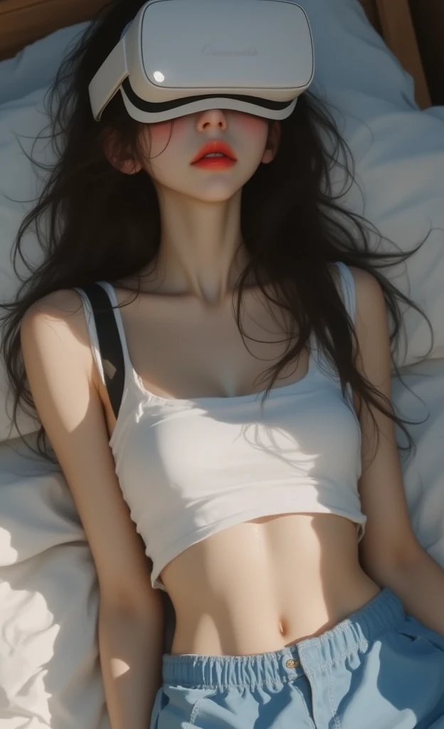 ((Golden white hair)),((Straight bangs、Princess bangs)),((Very heavy、Very voluminous bangs:1.1)),((Very long、Very heavy、Very voluminous side locks:1.1)), Hime cut、Straight bangs hairstyle、Round face and ugly bangs、Long hair with ugly bangs、The bangs are cut straight、(Masterpiece、BestQuality:1. 5), (ultra detailed 8k cg:1.4), (hyperrealistic:1.25), (Photorealistic:1.25), (realistic:1.4), COWBOY SHOT, (view above:1.35), (from front1.4), (smile1.3)、
1 Japanese beautiful girl, 19 years old, Supermodel, Japanese Idols, (smile), (Medium sized breasts) Sweat muscle、
(Off-the-shoulder white maid outfit :1.1), (Lying in bed:1.4), (Lying on your back:1.1), (Put your head on the pillow:1.1)、(Full Body Shot),((Flower patterned panties are visible on a white background)),