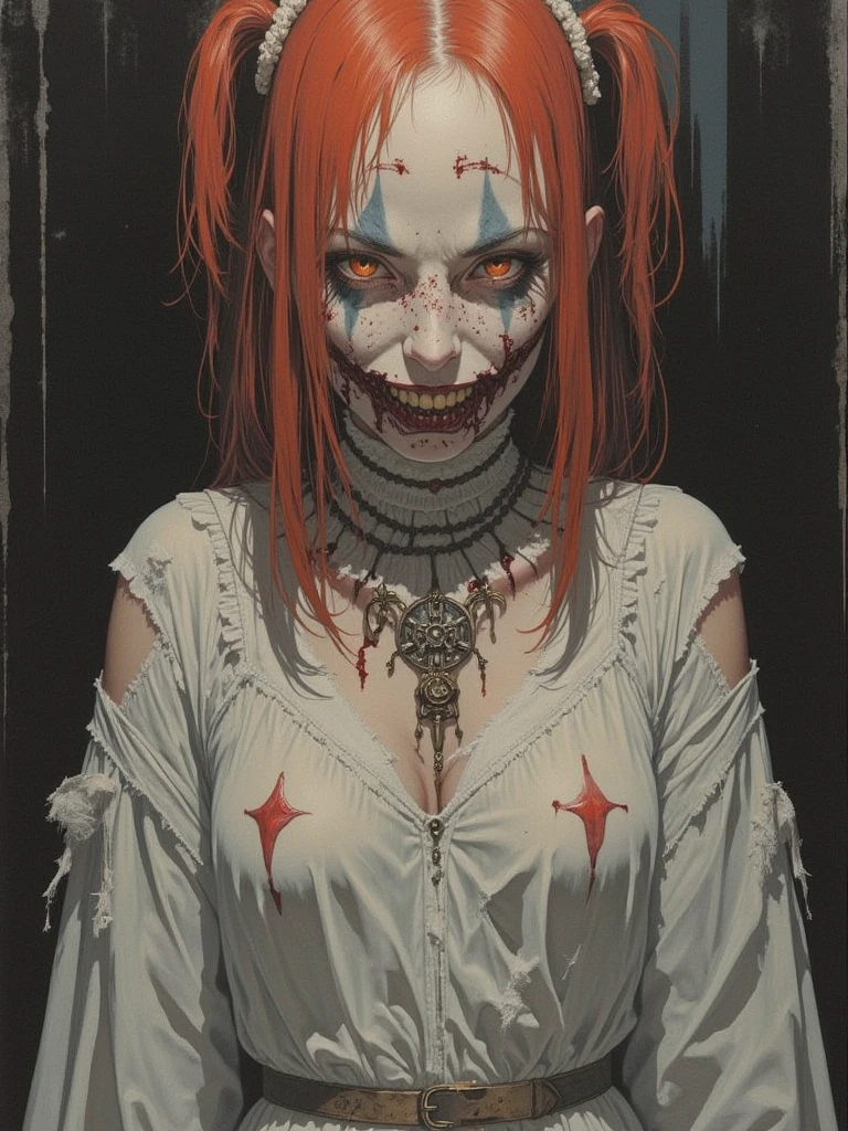 ((festival)), Outline warm color, ((Jump scares)), scribble, nightmare, Doll-like face, Manga style, rough sketch, Horror elements, (masterpiece), (High resolution), (Very delicate), (clear), Comic style illustration, (drawing style), warm color, (Horror elements), Japanese painting, whole body, Appear, angle, (snap shot), Bugaboo, that'terrible, (Spooky), Japan sculpture, primitive art, old picture scroll style, old staging, Ancient mural style, crazy illustration, antique, Dark atmosphere, Flat Illustration, Crazy Smile, Spookyな外観, Characteristic hairstyle, creative accessories, Unique atmosphere