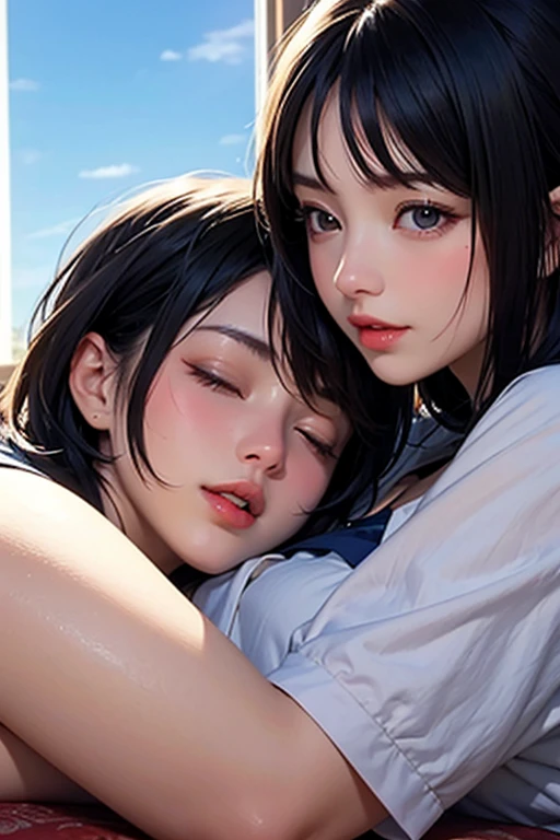 nsfw, Masterpiece, top quality, highly detailed,two beautiful girls,
young beautiful mature lesbian couple,
((Completely naked)), and excited by masturbation,
sweaty bare skin,
touching own nipples,
((The two of them put their faces together and shyly smile at the camera)), Portrait,
Close-up of their faces, at the tropical seaside resort in sunset, 

