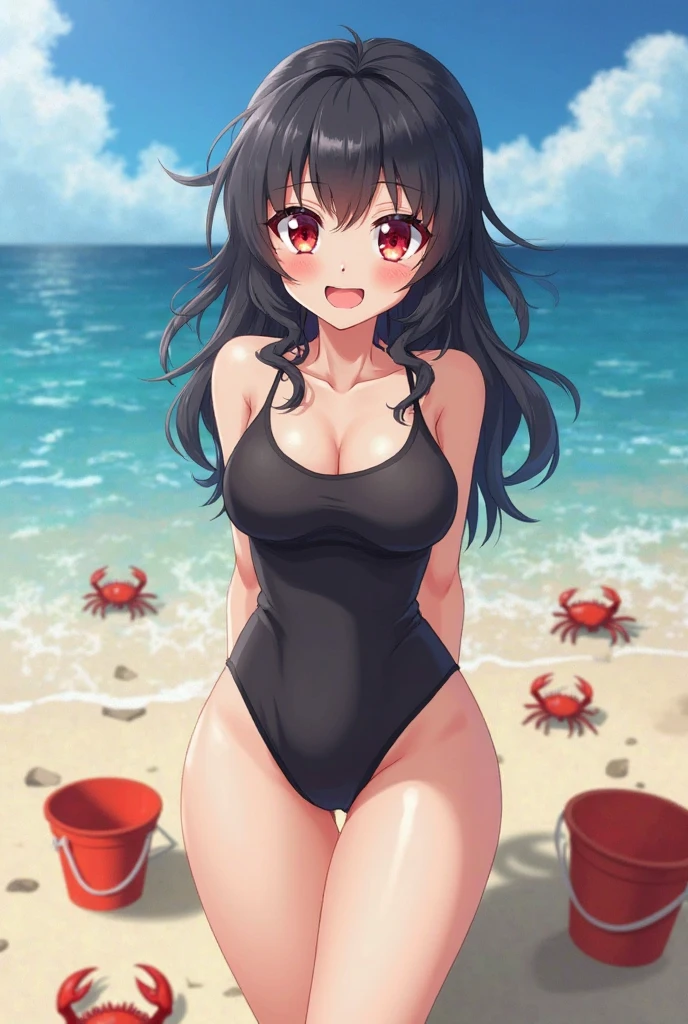顶级animation质量,animation,HD,1080P,solo,(low angle),a woman,extremely detailed hair and eyes,long hair with swept bang,wearing only bikini,beautiful skin,sitting on the beach,(There are many huge crabs around),Glowing sea background,sexy feeling,(warm feeling),orange sky,Ray tracing,(afternoon)