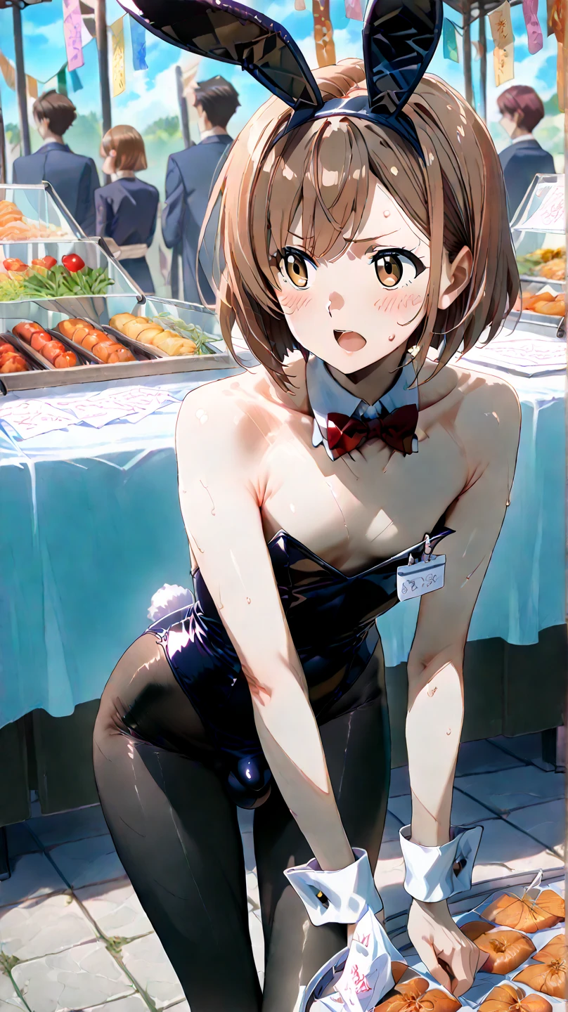 NSFW,masterpiece,Highest quality,High resolution,Very detailed,Madoka Higuchi\(The Idolmaster Shiny Colors\),short hair、Brown Hair、Purple Eyes、hairpin,(Light blue Playboy Bunny),tray,condom,Lustful face,Embarrassed,blush,casino,(Middle-aged men),Molester