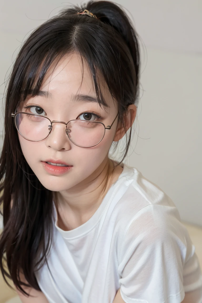 there is a woman with glasses on her face posing for a picture, with glasses, korean girl, jaeyeon nam, heonhwa choe, very low quality, very very low quality, jinyoung shin, 18 years old, sakimichan, with glasses on, 19-year-old girl, ulzzang, clear cute face, without glasses