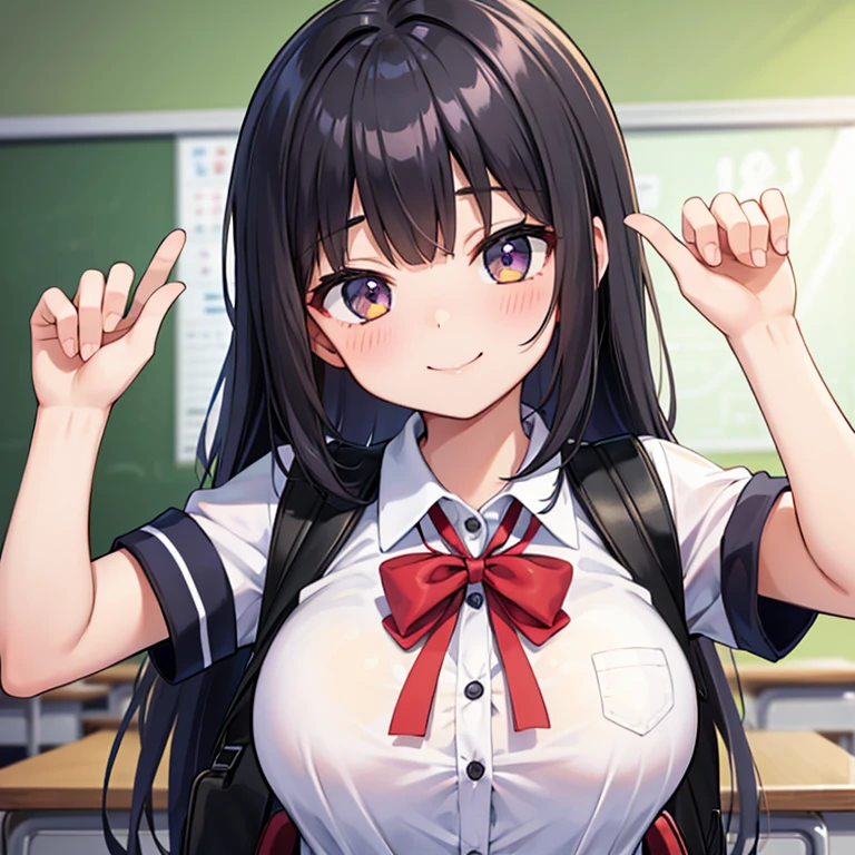 high school girl、Dressed in high 、School classroom、(Big Breasts)、Grinning face、((solo))、smirk