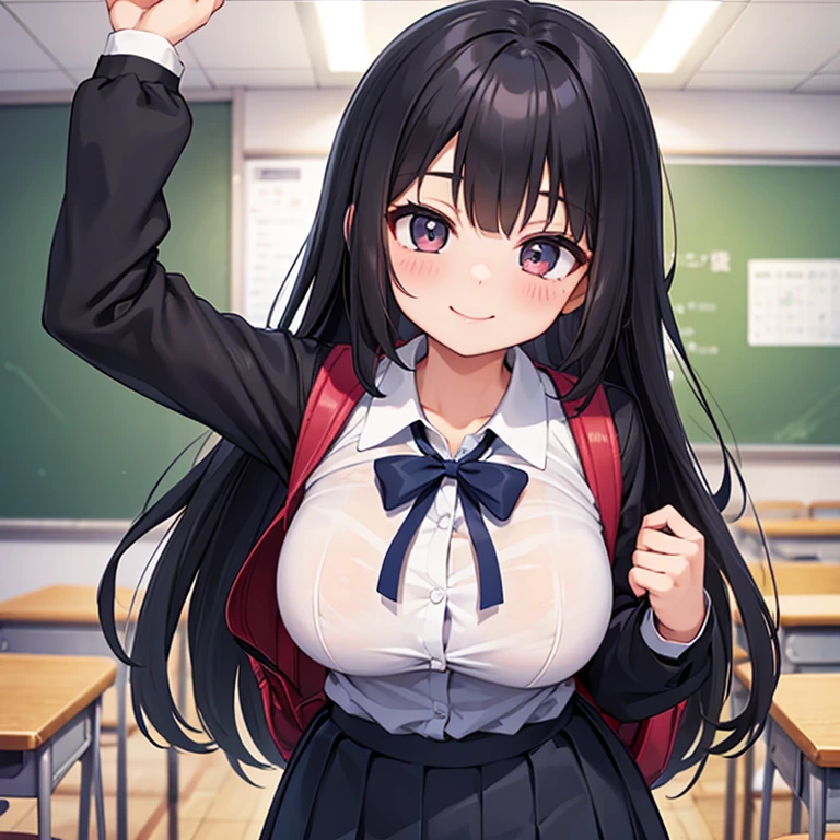 beautiful girl、high school girl、Black Hair、Shy expression、blush、Big breasted body type、Very huge bust、Dark classroom in Japanese school、Sweat、Changing clothes