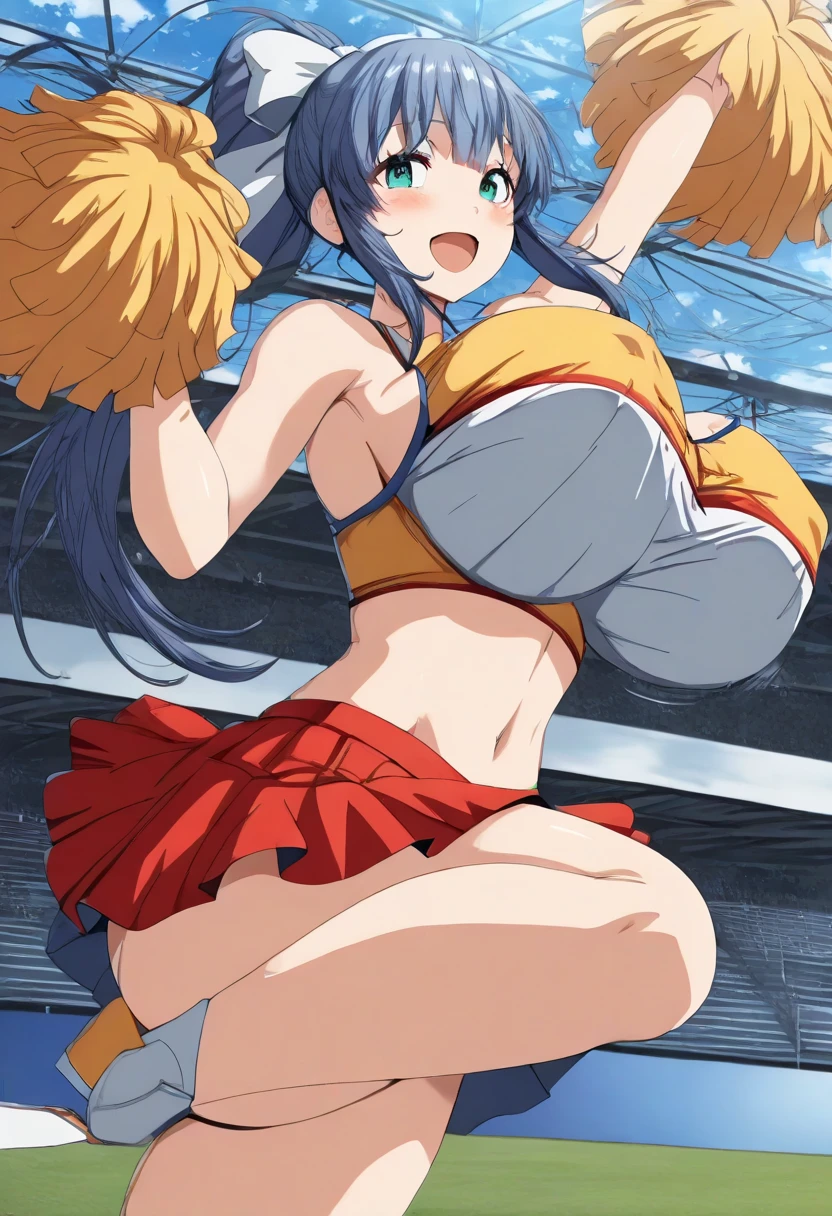 rinko,large breasts,cleavage,erected nipples,long hair, ponytail,blue hair, hair between eyes, sidelocks, purple eyes,looking at viewer,(highres, high quality:1.1), intricate details, cinematic lighting,get sweaty ,sweaty skin, (wet gleaming skin:1.1),spread legs, (cheerleader, crop top, ultra miniskirt, bare shoulders, standing,holding pom pom), outdoors, stadium, sunlight, bright sky, blue sky with clouds, winds, god rays, light rays, ,(red blush,crying),show off pussy,(no panties:1.2),(metal dog collar:1.2),from below,detailed legs, flexible, dynamic pose