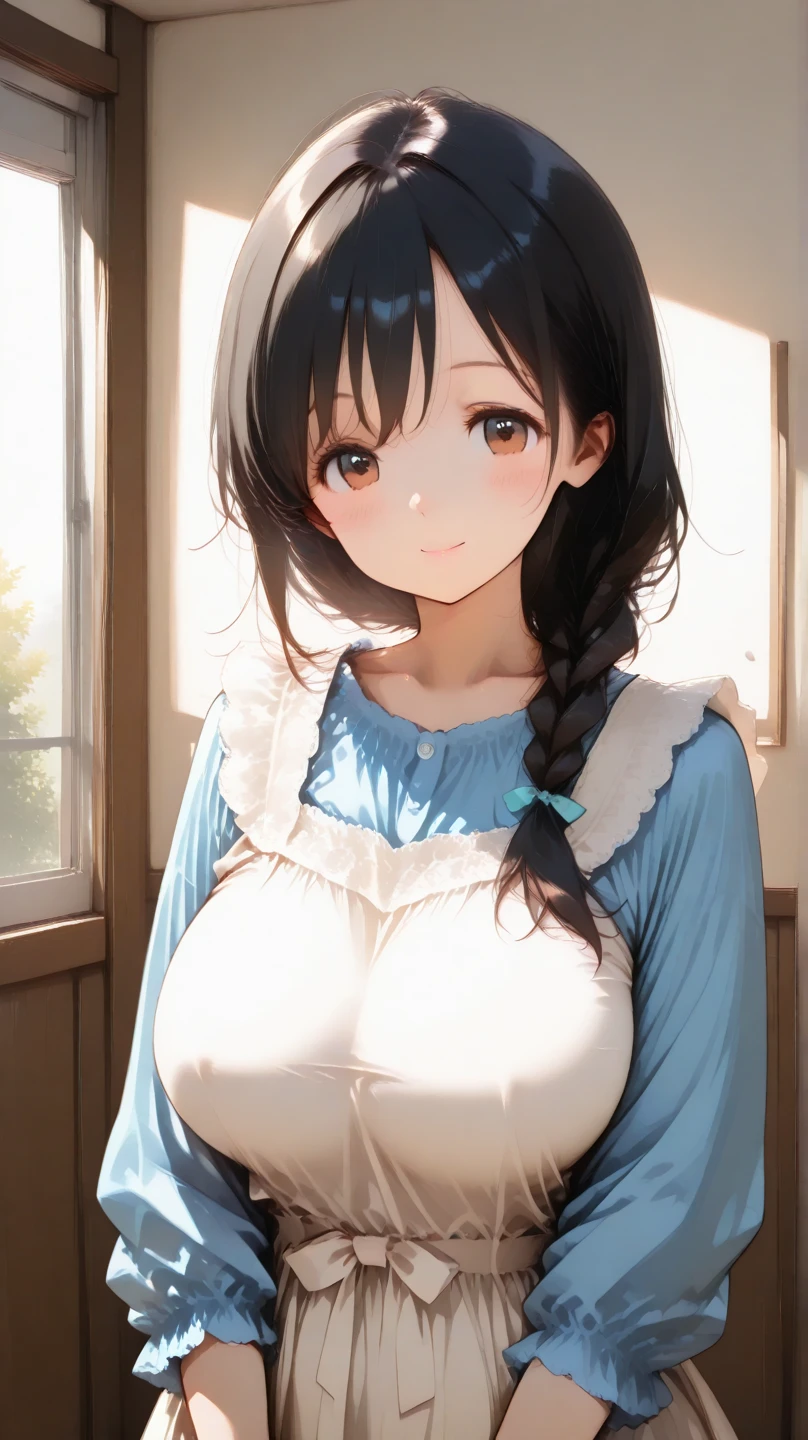 A boy hugs me from behind、Big Breasts、Cute light blue bra、Plain white, RaindropsＴshirt、Bra see-through、Cute light blue string pants、A tall boy in gym clothes is hugging and kissing a girl、classroom、Watermelon head girl