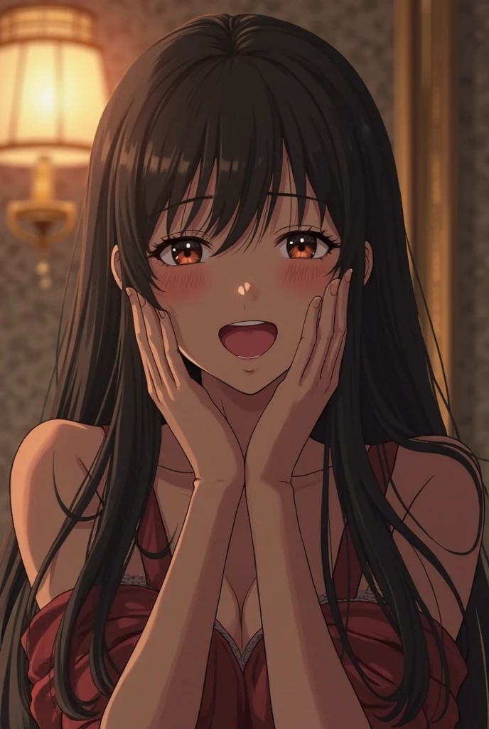 one-girl，（Wearing a maid outfit，Long black stockings，），black_Hair,Blue eyes,pony tails,bangs,Long hair, 1 girl, 20yr old,younger female,Beautiful Finger,Beautiful long legs,Beautiful body,Beautiful nose,Beautiful character design, Perfect eyes, Perfect face,Expressive eyes,Perfect balance, view the viewer,(Focus on her face),(Innocent_Swallowing_Eyes:1.0),(Light_Smile:0.3), offcial art,Extremely detailed CG unifies 8K, 8K, Diamond, and wallpaper, Perfect lighting,Colorful, Bright_Front_face_lighting,White skin, (Masterpiece:1.0),(Best_quality:1.0), 超A high resolution,4K,Ultra-detailed, Photography， 8K， hdr， （Wearing black stockings），（In the rental house，sitting in the couch， ），A high resolution， absurderes：1.2， Kodak Portra 400， filmgrain， The background is blurred out， Bokeh：1.2， Lens flare， （vibrant_Color：1.2），profesional photo，(Beautiful_face:1.5),(Narrow_waistup),（medium boob，Be red in the face，Blushlush，perspire，full of sweat，Enchanting expression，The chest is exposed，very uncomfortable expression），（The face is very red，Blushlush，shyexpression，Wear a thick necklace around your neck），（（（Spray water on your face，Spray water on your face））），（There is water vapor，There is water vapor）