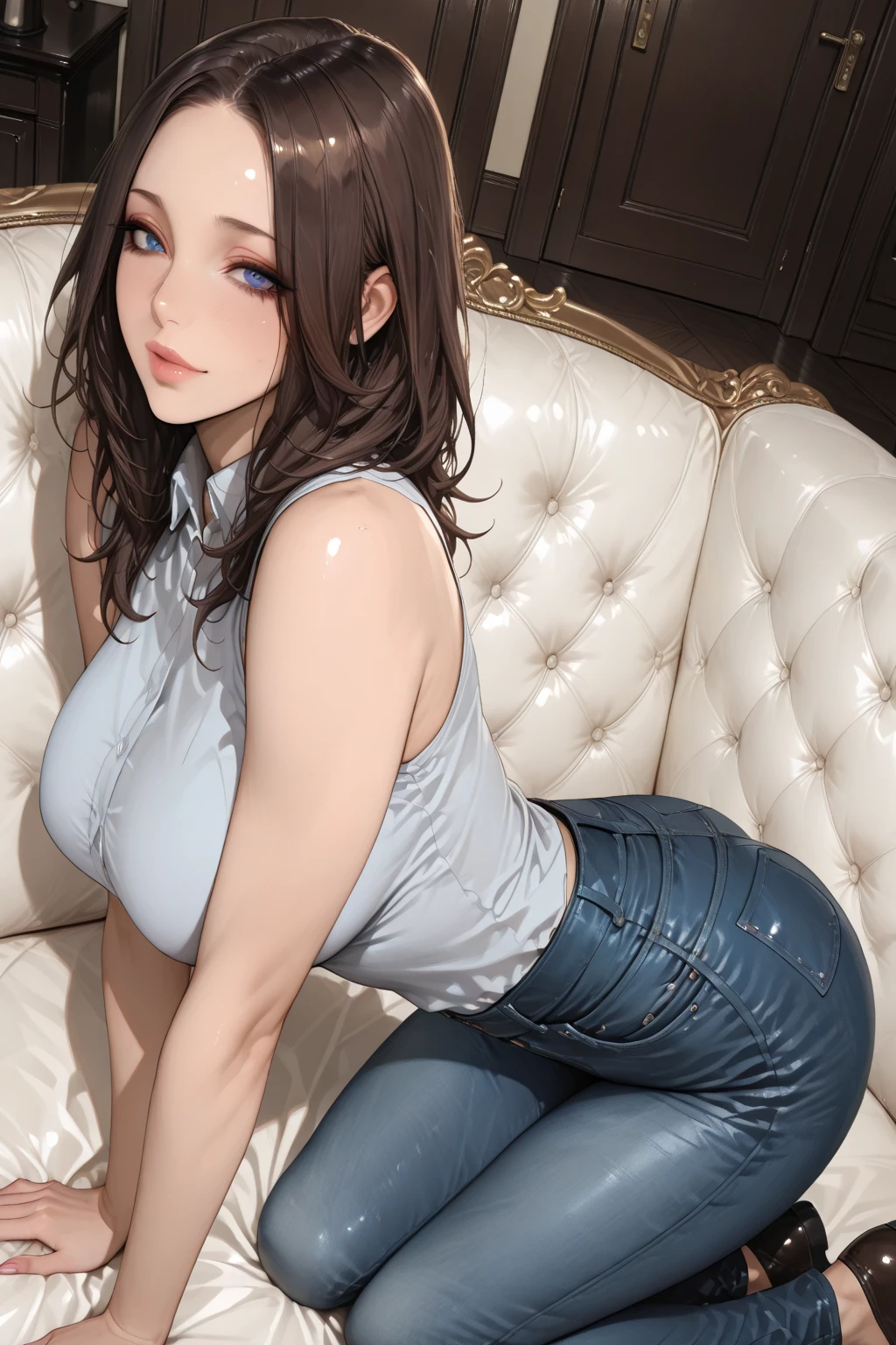 (((Sex in the missionary position:1.5))),((Japan Woman)) ,(((Insert into :1.5))),Solo,Wet body,Fluid leakage from the crotch,Open her mouth wide and stick out your tongue,(Nipple ,Breast exposure,toppless :1.2),Erotic,Black hair, longeyelashes, blush,Obscene,obscenity,fascinated expression,closed her eyes,yawns,drool from the mouth,Super Detail, Best Quality, Big breasts,(Black Denim:1.2)Small moles under the eyes