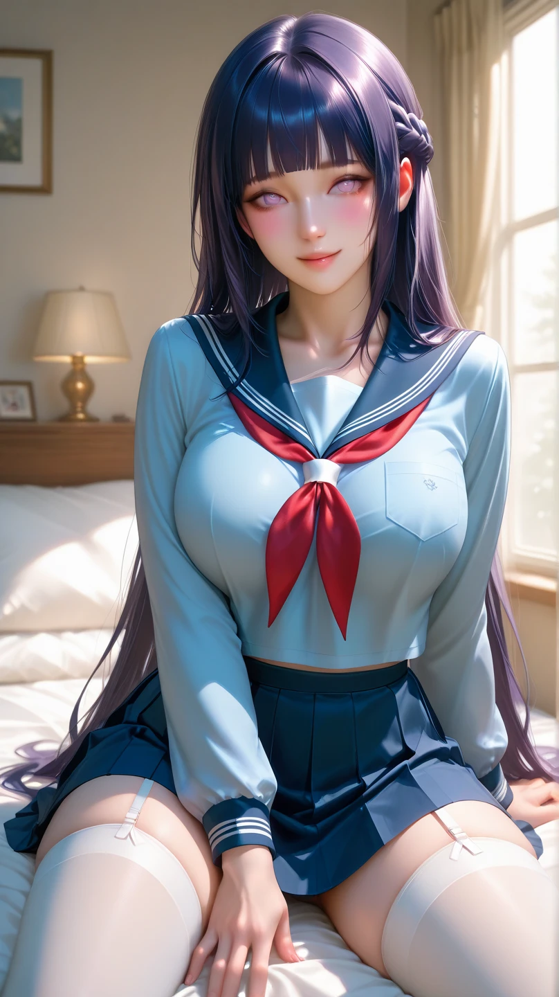 1girl, (masterpiece:1.4),(best quality:1.4), (real picture, intricate details), highres, photography, (very detailed face, reality skin, reality body), sailor mars, (shiny skin), red lips , (big breasts), sexy, charming, (upper body), perfect facial features, absolutely beautiful, absolutely colorful, purple hair, long hair, normal hands, school uniform, stockings, high heels, highest image quality, super high resolution,