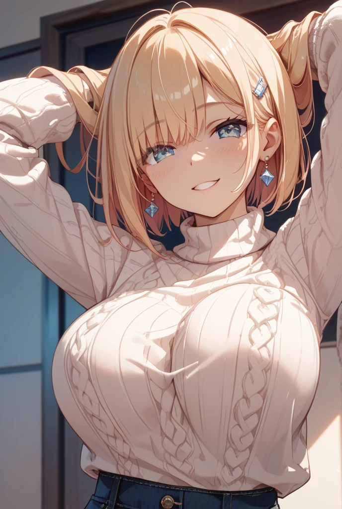 Beautiful girl, blonde, ponytail, sweater, big breasts,