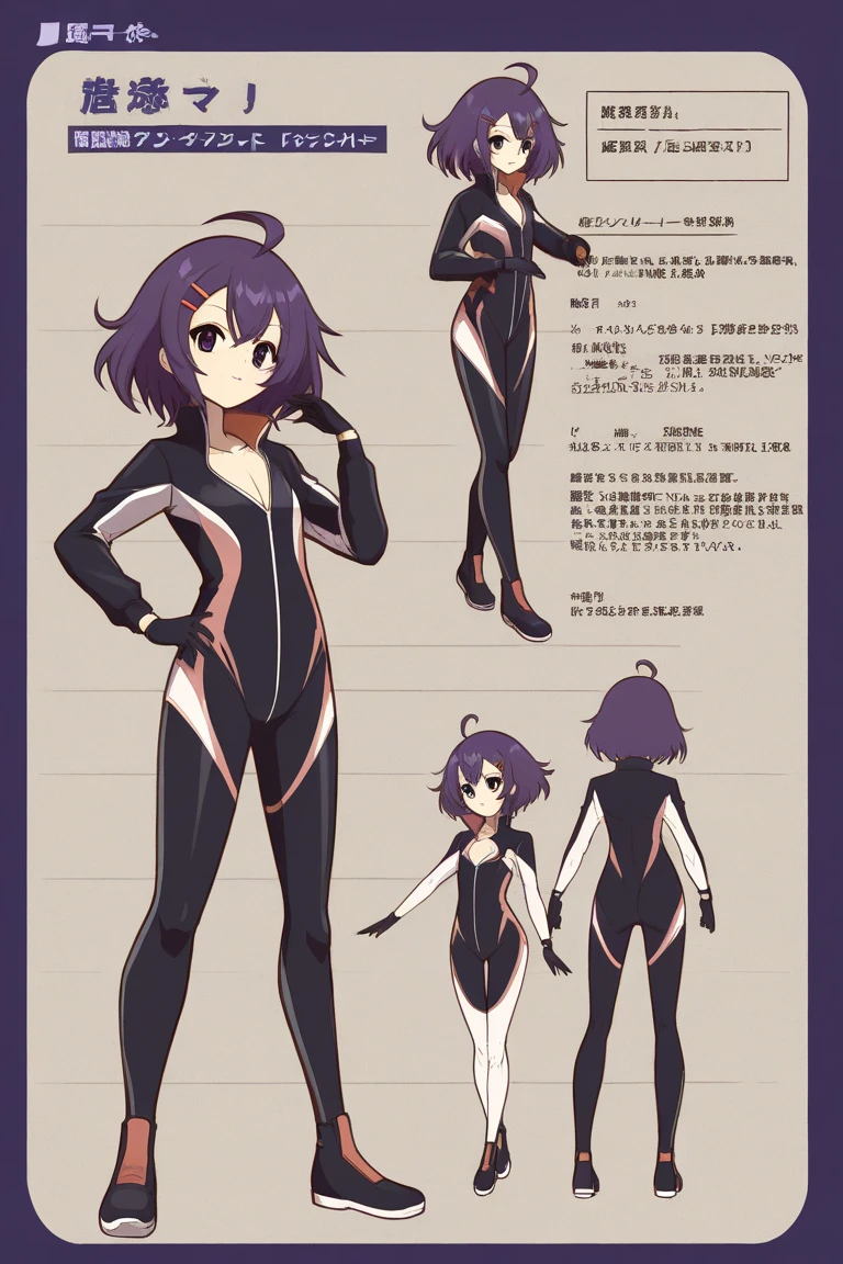 woman, black suit, space suit, character design sheet, different poses, different angles, concept art, star war, Sith warrior, orange eyes, short black hair