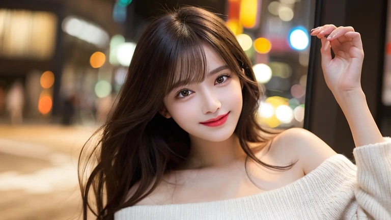 Tabletop, highest quality, shape, Very detailed, finely, High resolution, 8k wallpaper, 完璧なダイナミックな構shape, Beautiful and detailed,ランダムなcute髪,,Natural color lip, Bold sexy pose,smile、20-year-old girl、cute、Looking at the camera,Always blur the background,Perfect and beautiful face,Slim face and figure,Big eyes、Putting on gal makeup,Small face,Smile,Blurred Background,Elegant feminine face、Cyberpunk Fashion、smile、Night Sky、Big Moon