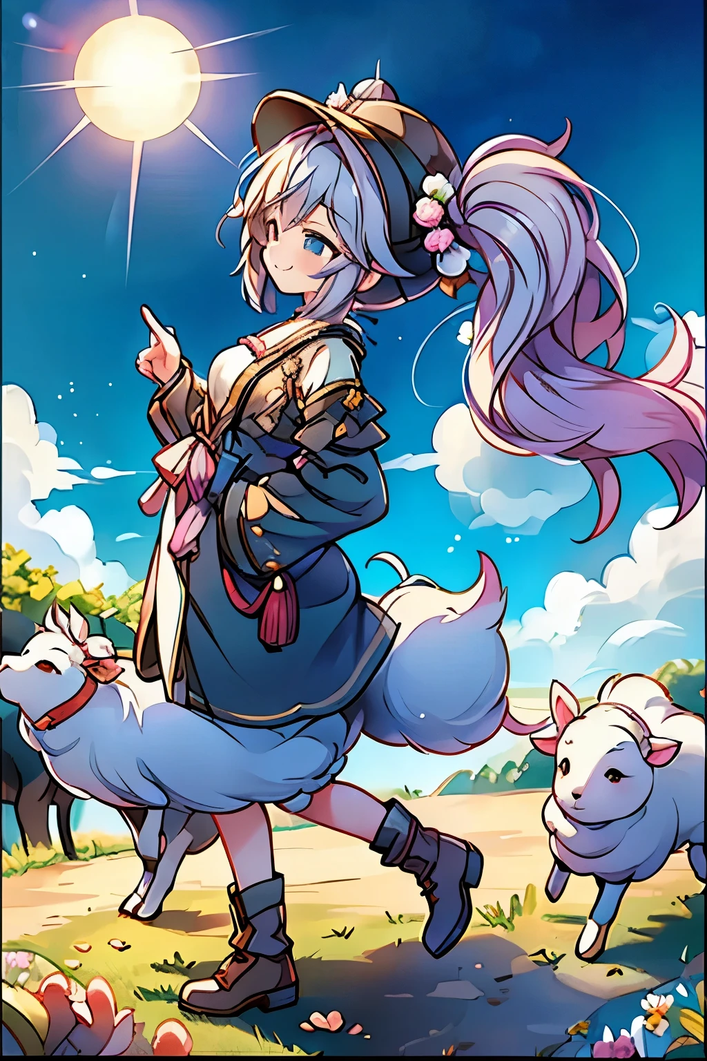 (masterpiece、Best Quality、Best Quality、official art、Beautifully beautiful:1.2)、(1 person under the sun:1.3)Hatsune Miku、 light green twin tails,beautiful breasts,shepherd dog chases a flock of sheep、Sheep are wearing cowbells、牧羊犬の後ろを追いかけるHatsune Miku、on the hat、Farm Work Clothes 、Ranch、Prairie、full body、side view composition、 “Welcome”