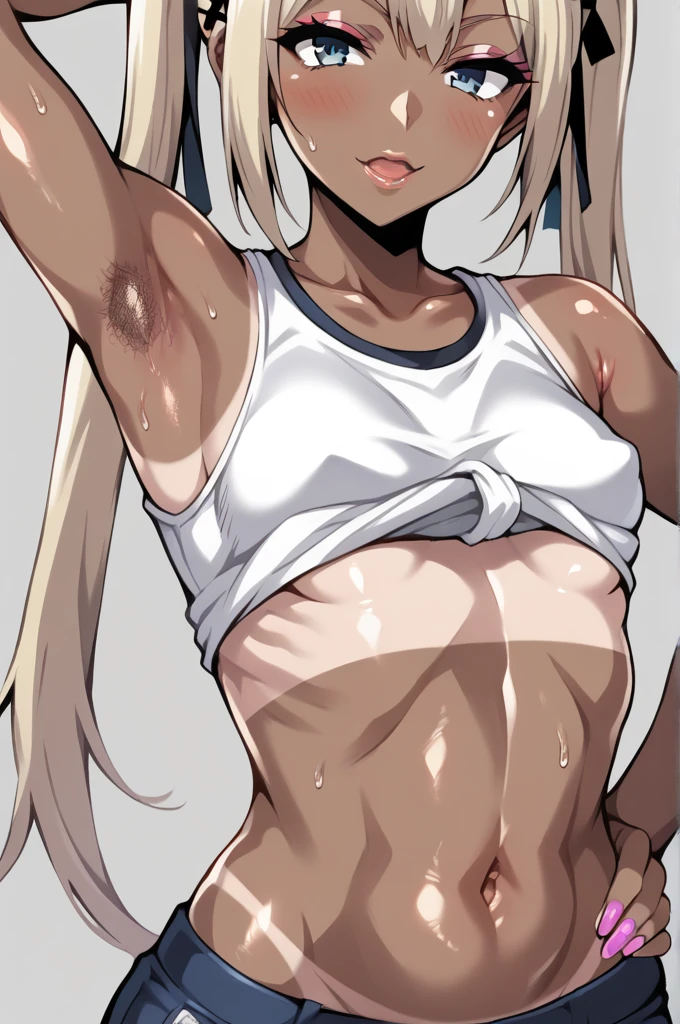 (( close、16k、highest quality、Attentiの上 t○ detail、Rich skin detail, Browsing Caution))、Chubby、((((Low length、Swollen nipples、Small breasts))))、(Place your hands behind your head、Armpits)、((Black panties))、(((Yellow Eyes)))、(((((Wavy Hair)))))、(((Long Hair)))、((Grey Hair))、(((jitome)))、((Sweat、Wet))、 ((blush))、((Embarrassing))、smile、(locker room)、