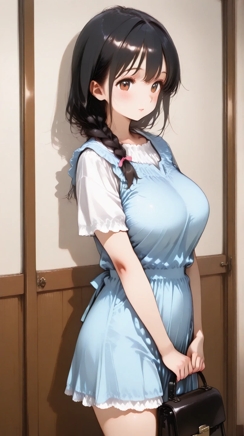 1womanl,12year old,Brown hair,Beautiful ponytail hairstyle, (Teal High Waist Skirt:1.3),, (whiteshirt:1.3), (double-breasted,Underbust:1.2), Short sleeves, buttonGap, (Tee Thai:1.2),A smile,