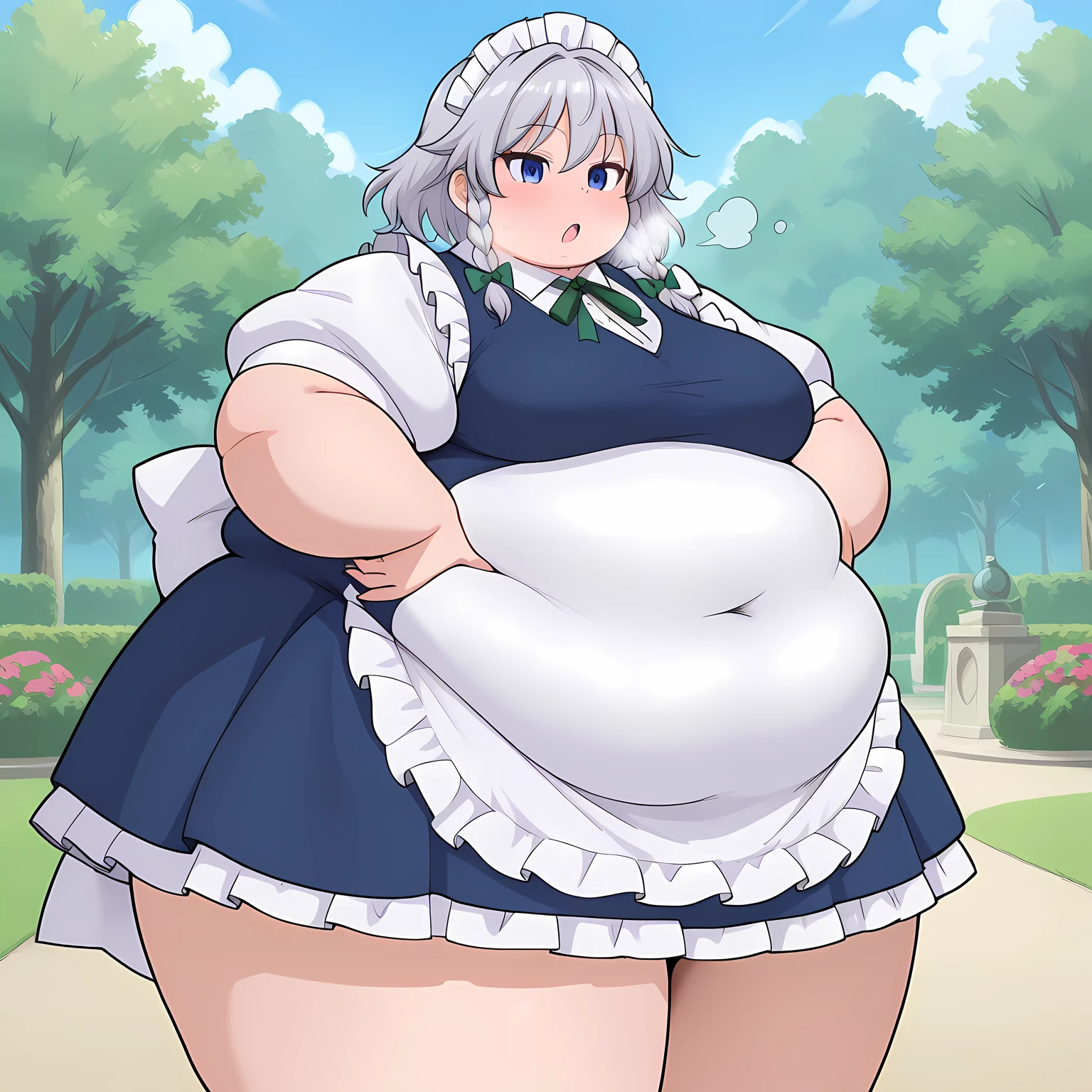 absurdres, highres, masterpiece, best quality, amazing quality, official anime artwork, screencap, anime screencap, garden,
izayoi sakuya, 1girl, solo, blue eyes, twin braids, medium breasts, maid headdress, apron, puffy sleeves,fat, chubby, obese, gigantic arms and legs, large breasts open mouth, out of breath, from side