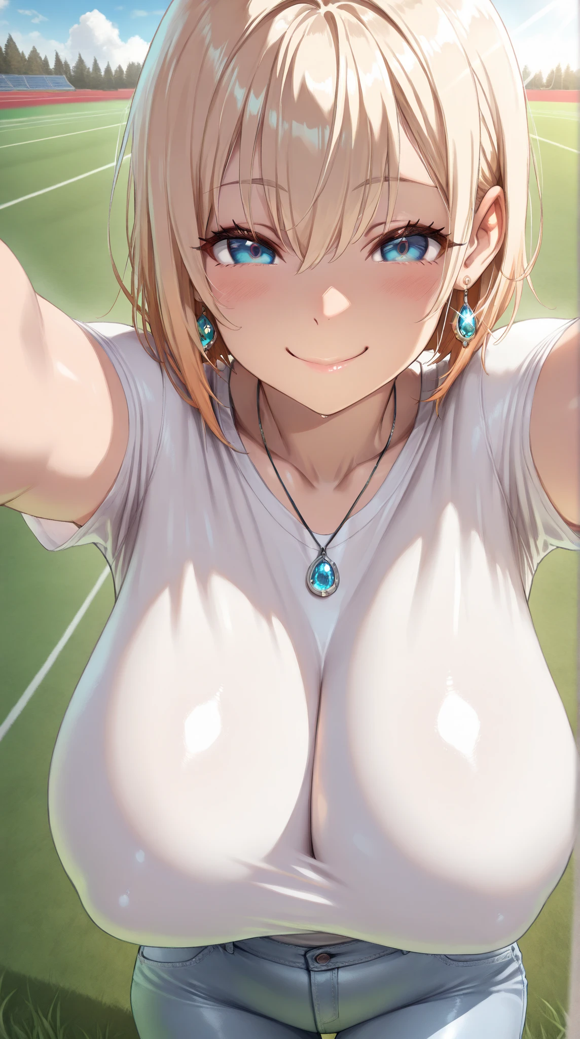 {masterpiece, distinct_image, extremely detailed CG, beautiful eyes and detailed face,realistic, photo realistic, 4k, 8k, high_resolution,perfect_finger, (beautiful_detailed_eyes:1.3), glitter, white_light, (glow_white_face:1.3), summer_light{1girl, face_focus,cowboy_shot, looking for_in_viewer, standing, (V-sign pose:1.5) },{adult, curvy, (huge_breasts, wide_hip:1.3), navel, skinny_stomach,tight_gap, groin (white_Y-shirt, sky_blue_short_skirt, cleavage,, brown_colored_cardigan, tanning_skin, brown_skin, white collar:1.5), (yellow_hair, green_eyes, long_hair, ponytail:1.3), hime_cut, (half closed eyes, smiling face:1.3), sweat, Japanese_Anime_blue_sky_background, under green tree background }