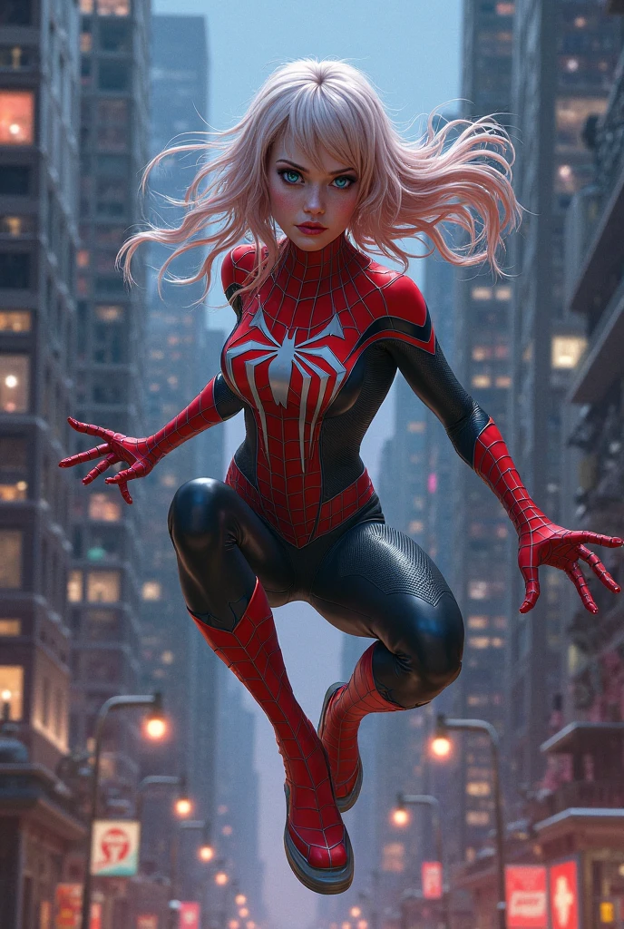 4k, realistic, carismatic, very detail, there is a girl on top city, wearing spiderman costum, she is a spiderman, white super hero theme, white long hair, 25 years old, full body