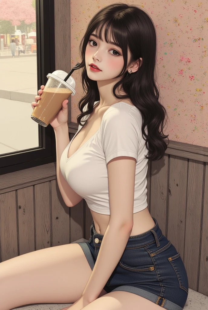 1 girl, white skin, mature, really long hair, brown hair with thick eyebrows, eyes with heterocomia, moles under the eyes, thirsty, bralette with ribbons, shorts with side slits, well built, small waist, widest thighs, wide thigh gap, one hip forward, standing, in coffee shop, taken from below, 8k, photorealistic