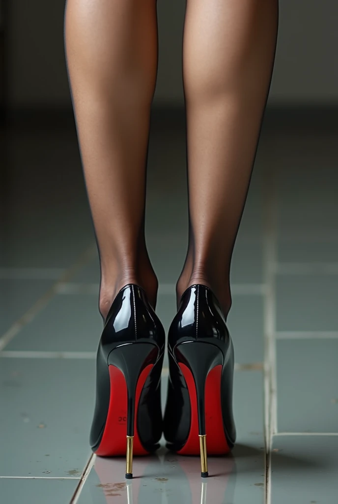 feet, heels louboutin, open toes, black nylon tights, cuban heel nylon, color pink toenail, realistic, chair, short hair woman, brown haircolor, legs, arch, sunny light, realistic space