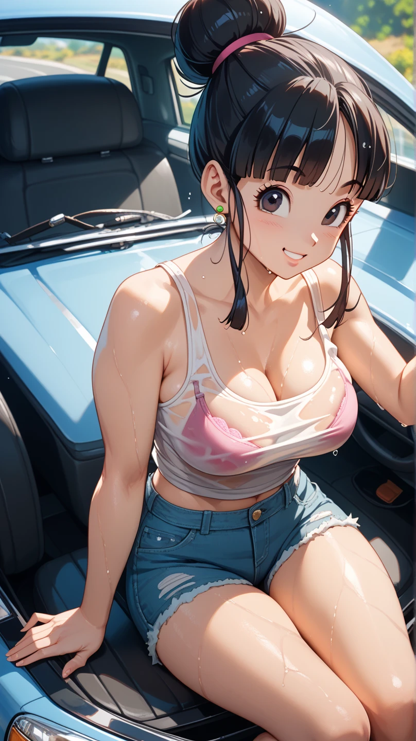 ((masterpiece, highest quality, Highest image quality, High resolution, photorealistic, Raw photo, 8K)), ((Extremely detailed CG unified 8k wallpaper)), (huge stunning goddess shot, very hot and sexy, jaw-dropping beauty, perfect proportions, beautiful body, slim body beauty:1.4), woman squatting on the ground with her hands on her face, Neutral Pose, Dramatic smile pose, Cute and elegant, Beautiful girl crouching, Short black hair, hands on her face, squatting on the side of the road, ((Wearing a white tank top and mini skirt)), Squatting with legs apart, (view from above:1.3), (Close-up of a face:1.2),