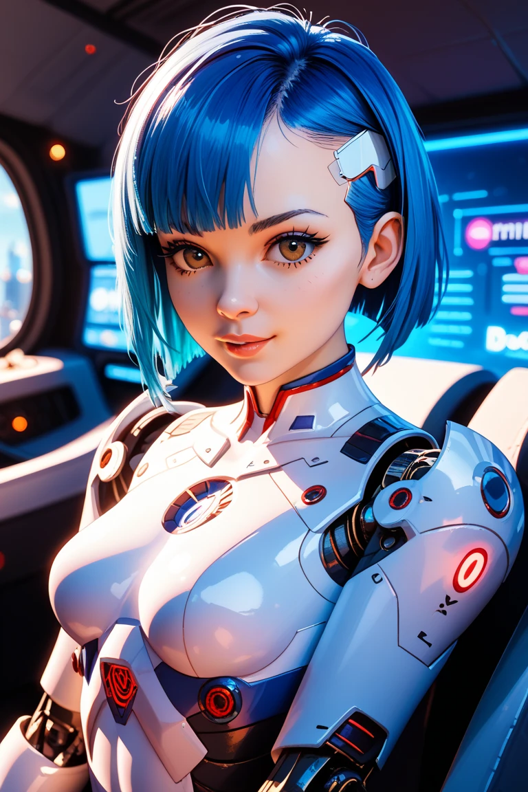 (masterpiece, highest quality, highest resolution, distinct_image, detailed details): (Solo, lone girl, face is Japan person, short cut, blue-haired girl, full body figure, (perfect body: 1.4), sparkly blue color eyes, pilot suit in white and blue color, tight fit clothes, clothes covering the whole body, very delicate and beautiful, detailed skin, slim body, exoskeleton, Gentle smile, heroine, headset, boots)