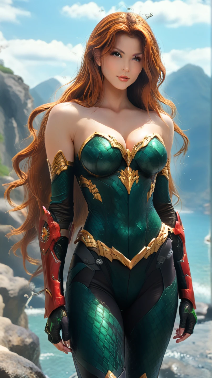 a photo of a beautiful S039_RebeccaGoodwin, as (Mera:1.2), wearing a green suit, (8k, RAW photo, best quality, ultra high res, photorealistic, masterpiece, ultra-detailed, Unreal Engine)