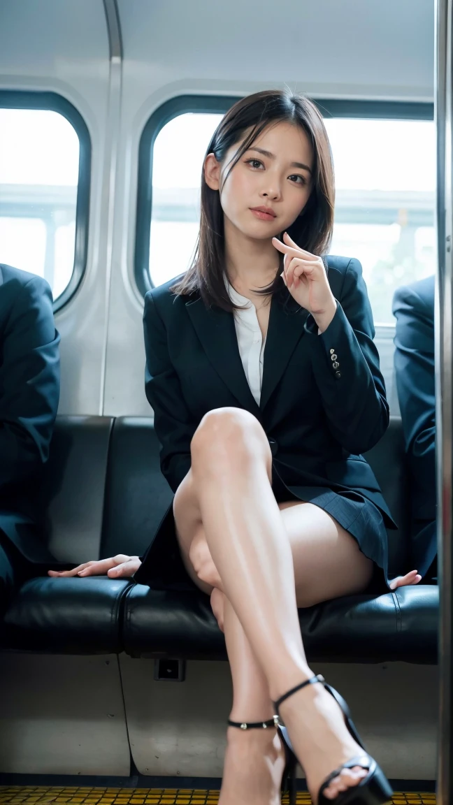 「(masutepiece, High quality, Ultra High Quality, 4K)OL、Emphasis on the thighs、Office Suits:1.2、Sitting on the train at night、s asleep:1.3、The inside of the skirt is white panties:1.3、((Opening legs:1.5))、Face-to-face angle,(Angle from below),Sitting in a train seat,Sitting at the front,Zoom camera in the crotch,Feet are on the floor of the train,full body Esbian,Best Quality,(Photorealistic:1.4),, High resolution, detail, Raw photo,